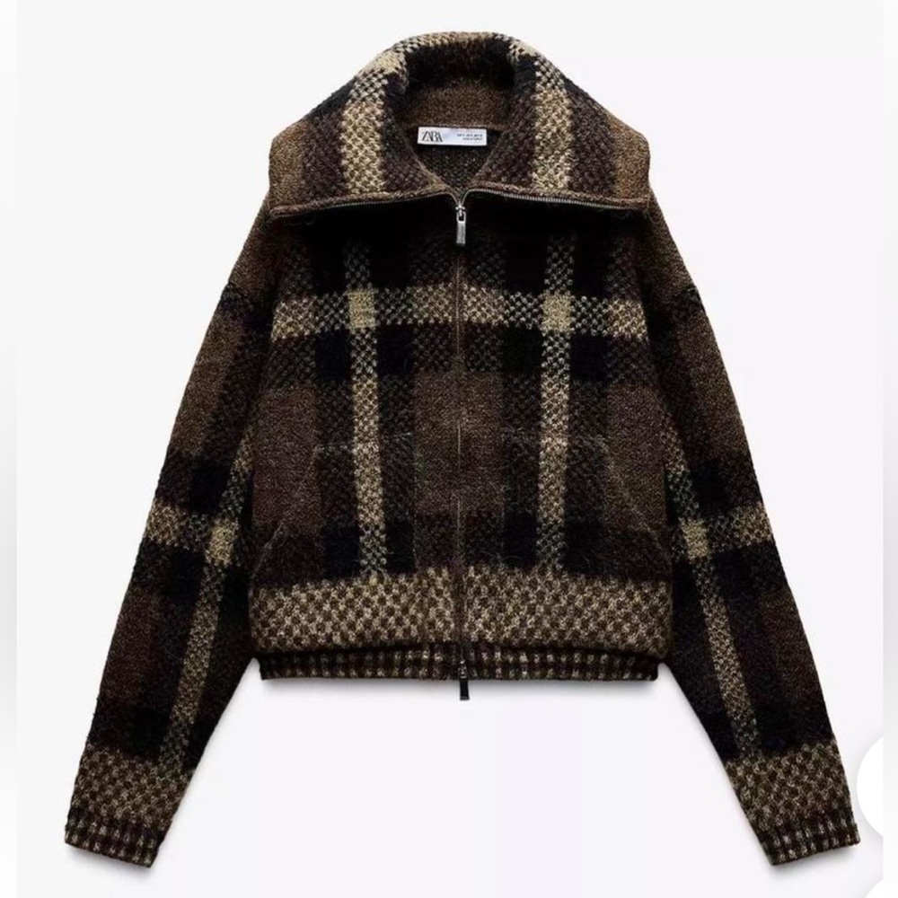 Zara Brown Plaid Zip-Up Bomber Jacket